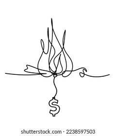 Abstract fire with dollar as line drawing on white background. Vector