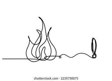 Resumen de fuego con signo de exclamación como dibujo de línea sobre fondo blanco. Vector