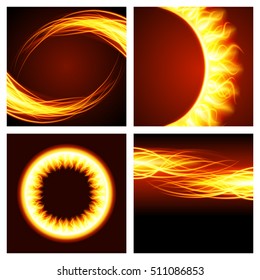 Abstract fire flame light on black set backgrounds vector illustration. Burning translucent elements special Effect.