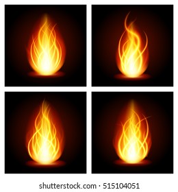 Abstract fire flame light on black set backgrounds vector illustration. Burning flames translucent elements special Effect.