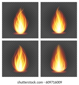 Abstract fire flame light on black set backgrounds vector illustration. Burning flames translucent elements special Effect.