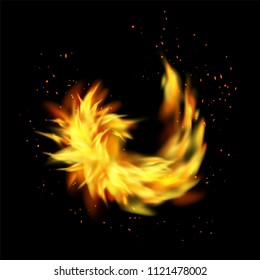 Abstract fire flame. Vector curve of flame light and and flying sparks