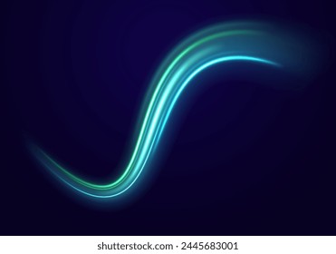 La lente de seguimiento de la bengala de fuego Abstractas enciende el movimiento de velocidad de aceleración en la carretera nocturna. Luz verde y azul o fuego de cohetes, cometas, rayos de armas mágicas aislados sobre fondo transparente.	
