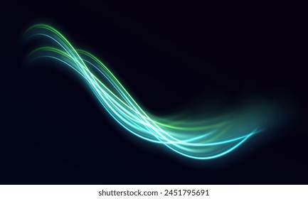 La lente de seguimiento de la bengala de fuego Abstractas enciende el movimiento de velocidad de aceleración en la carretera nocturna. Luz verde y azul o fuego de cohetes, cometas, rayos de armas mágicas aislados sobre fondo transparente.	
