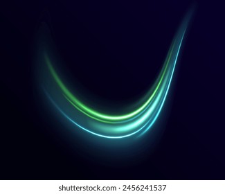 La lente de seguimiento de la bengala de fuego Abstractas enciende el movimiento de velocidad de aceleración en la carretera nocturna. Luz verde y azul o fuego de cohetes, cometas, rayos de armas mágicas aislados sobre fondo transparente.	

