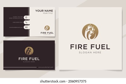 Abstract fire fuel logo in gold luxury style and business card design template 