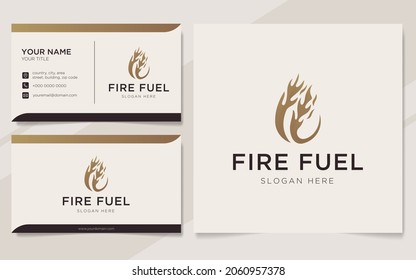 Abstract fire fuel logo in gold luxury style and business card design template 