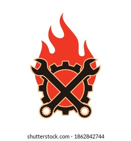 abstract fire gear and wrench mechanic service icon logo flat vector concept design