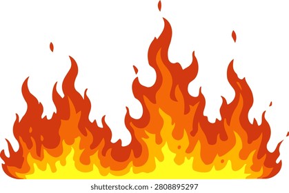 Abstract fire illustration with layered orange, red, and yellow flames rising from a yellow base against white. Vector illustration