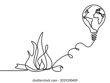 Abstraktes Feuer mit Glühbirne und Globe als Linienzeichnung auf weißem Hintergrund
