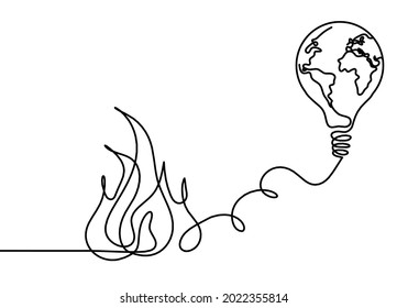 Resumen del fuego con bombilla y globo como dibujo de líneas en fondo blanco