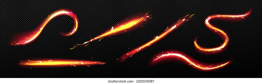 Resumen de líneas de fuego con chispas, líneas brillantes de resplandor aisladas en un fondo transparente. Conjunto vectorial realista de olas y ráfagas de llama con chispas