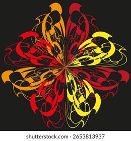 Abstraktes Brandmuster. Feuriges Blumenmotiv. Dynamisches Burst-Design. Vibrierendes Vektorelement.