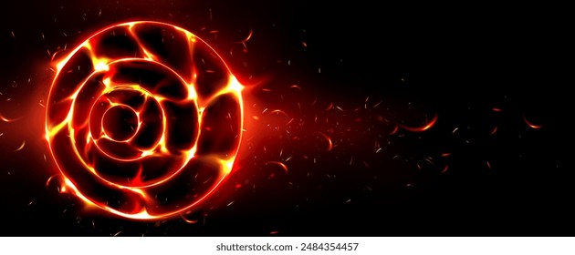 Abstract fire ring isolated on black background. Vector realistic illustration of circular sign with flame border, orange sparkles and neon smoke glowing in darkness, magic energy effect, hell symbol