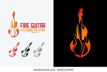 Abstract fire shape fused with electric guitar silhouette logo design. Vector logo illustration.