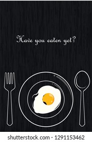 Abstract fired egg on dish with spoon and fork on blackboard background vector.