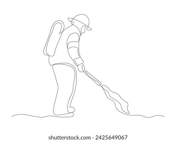 Abstract firefighter, extinguishes the fire,continuous one line art hand drawing sketch