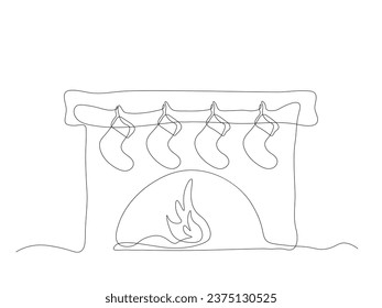 abstract fireplace with a burning hearth, bonfire with socks for christmas gifts continuous one line art. Cozy winter, autumn, sweet home