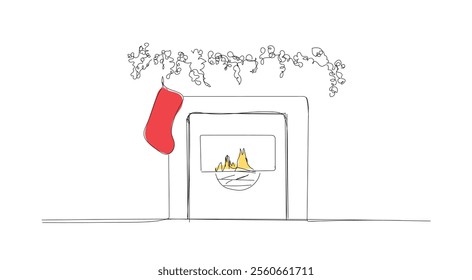 Abstract fireplace with a burning hearth, bonfire with socks for christmas gifts continuous one line art. Cozy winter, autumn, sweet home. Hand made vector not AI 