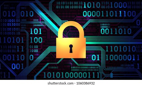 Abstract firewall, antivirus that protects computer and network. Lock on background of an abstract futuristic electronic circuit board with binary code