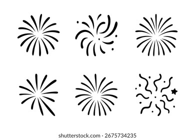 Ícones abstratos de fogos de artifício definidos. Celebrações de explosão desenhadas à mão e elementos festivos