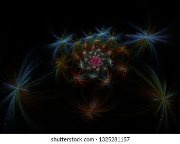 Abstract firework - rays and stars. Vector illustration consist of halftone dots with light effects. Bright background for festive design projects.