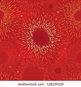 Abstract Firework Seamless Vector Background Texture. Floral  seamless pattern with lightning ornament on red background