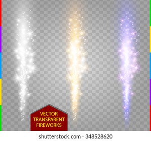 Abstract firework set. Vector fountain of sparks light special effect. Sparkling pillar of fire white, golden and purple color on transparent background. Christmas lights collection.