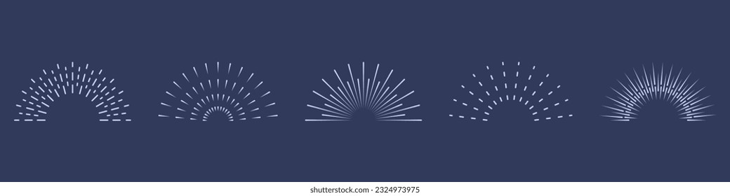 Abstract Firework, Sparkle Starburst. Vintage Decoration. Sunbeam, Round Ray Symbol Collection. Sunrise Light Pictogram. Radial Sunburst, Circle Sun Burst Icon Set. Isolated Vector Illustration.