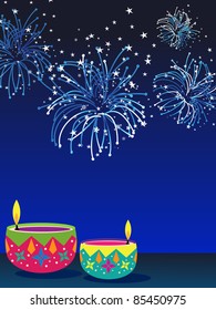 abstract fireworks background with set of colorful artwork decorated diya for indian festival deepawali