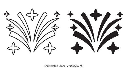 Abstractas fuegos artificiales estallan gráfico de Vector con líneas simples y estrellas. Un contorno esencial y un icono sólido para celebrar fiestas, día de la independencia, fiestas y eventos especiales.
