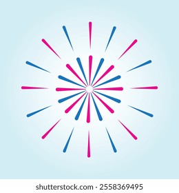 Abstract fireworks illustration. Pink and blue rays burst against a light blue background.