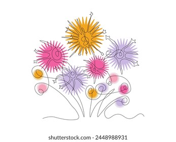 Abstract fireworks. Logo, continuous single line art hand drawing sketch