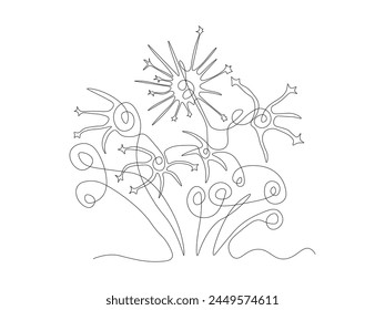 Abstract fireworks. Logo, continuous single line art hand drawing sketch