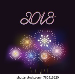 Abstract fireworks on dark background with the glowing 2018 number for design element. Vector illustration