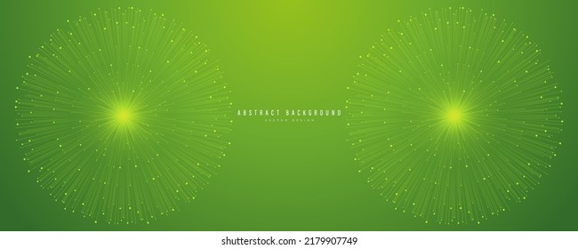 Abstract fireworks on green background. Sunburst design element. Minimal firework burst. Explosion lines firework concept. Modern glowing lines graphic. Vector illustration