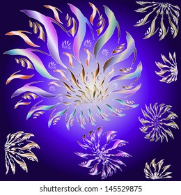 Abstract fireworks with stylized colorful elements on purple background 