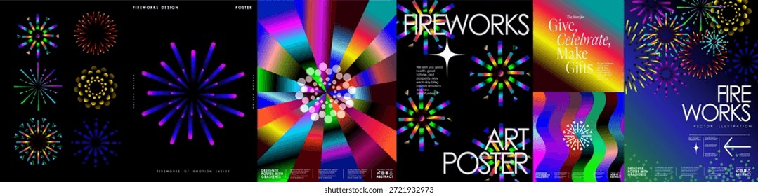 Abstract fireworks. Vector modern neon geometric illustrations of fireworks, gradient, sky, pattern, and celebration for poster on party, flyer, background, or festive event