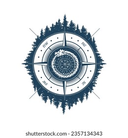 Abstract fir-tree forest silhouette with windrose compass and dragon circle with Scandinavian runic sign