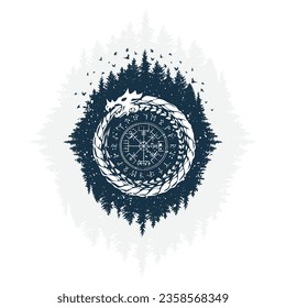 Abstract fir-tree forest silhouette with windrose compass and dragon circle with Scandinavian runic sign