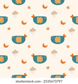 Abstractas caricatura de pescado tan lindo. Sobre fondo de lluvia de nube de luna de estrella. Patrón de Ilustración vectorial sin fisuras. 
