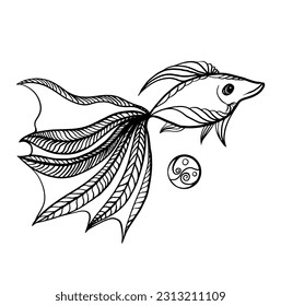 Abstract fish for coloring. Beautiful image of a fish with a big tail.