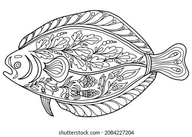 an abstract fish for coloring drawn with flowers and leaves in folk style on a white background, vector