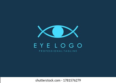 Abstract Fish Eye Logo. Blue Line Infinity Double Fish Symbol with Eyeball inside isolated on Blue Background. Usable for Business and Technology Logos. Flat Vector Logo Design Template Element