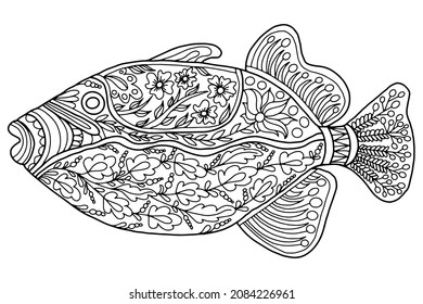 abstract fish with figures and flowers in folk style drawn on a white background for coloring, vector