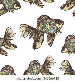 Abstract fish hand drawing seamless pattern, vector background. Decorative fish with motley multicolored scales on a white background. Decorative handmade element, for wallpaper design, fabric