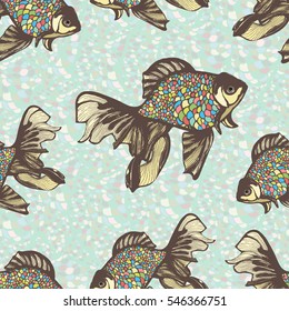 Abstract fish hand drawing seamless pattern, vector background. Decorative fish with motley multicolor scales against the background of the colorful stones and multi-colored flakes. Handmade element