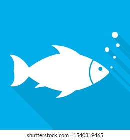 Abstract Fish icon with long shadow. Vector Illustration. Fish icon in flat style, on blue background