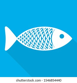 Abstract Fish icon with long shadow. Vector Illustration. Fish icon in flat style, on blue background