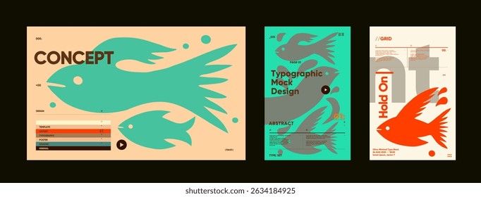 Abstract fish illustrations paired with editorial grid layouts, combining playful organic shapes and structured content in colorful vector designs.